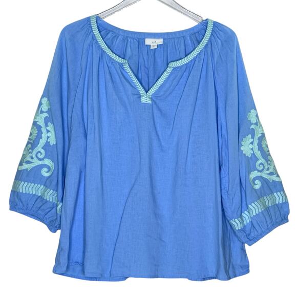 J.Jill XL Petite Linen Blend Embroidered Popover Top Blouse Breezy Blue Aqua - Picture 1 of 11